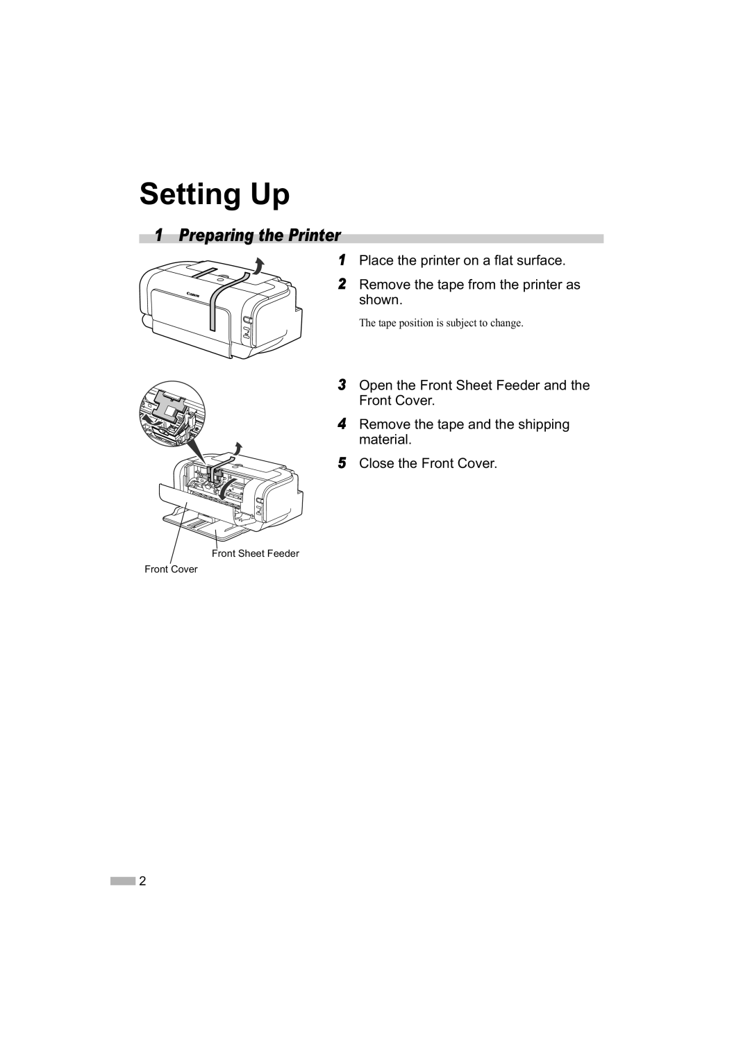 Canon IP2000 quick start Setting Up, Remove the tape from the printer as shown 