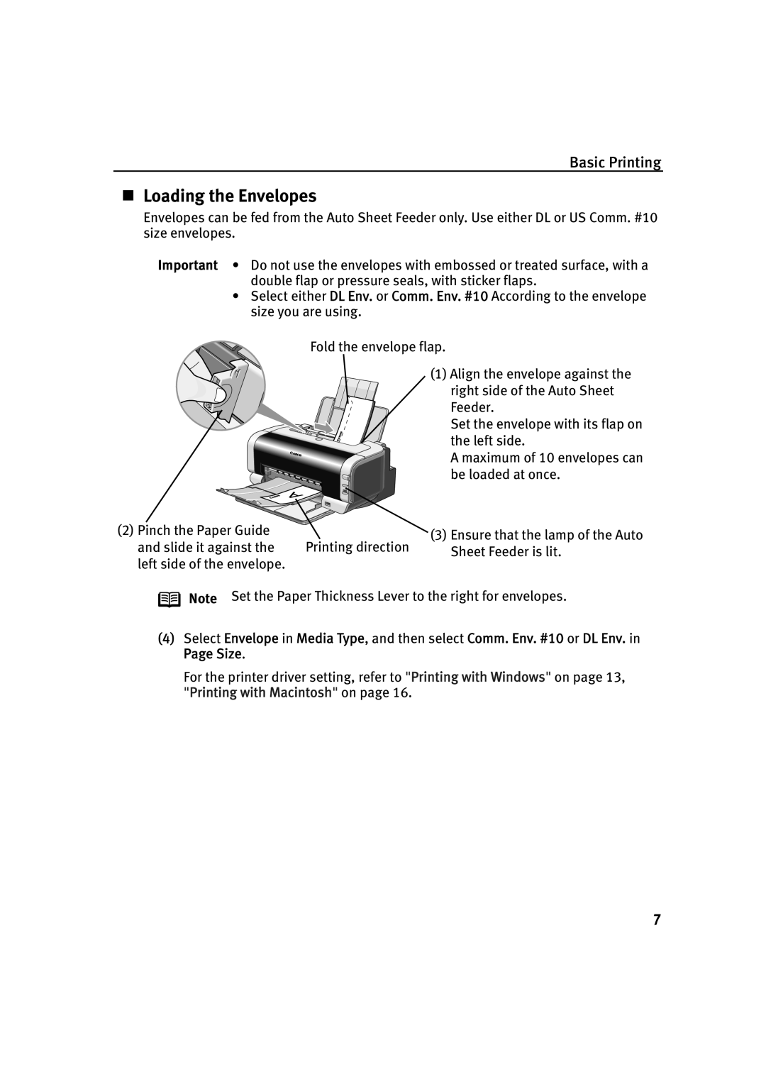 Canon IP2000 quick start „ Loading the Envelopes, Basic Printing 