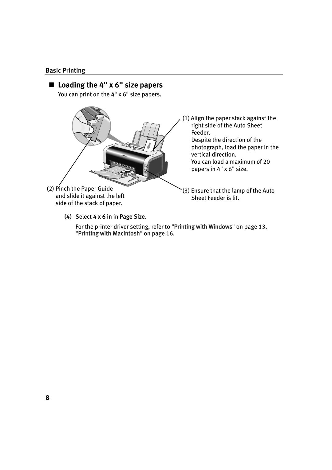 Canon IP2000 quick start „ Loading the 4 x 6 size papers, Select 4 x 6 in in Page Size 