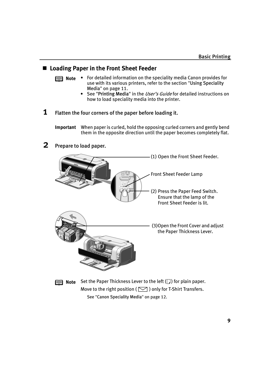 Canon IP2000 quick start „ Loading Paper in the Front Sheet Feeder, Flatten the four corners of the paper before loading it 