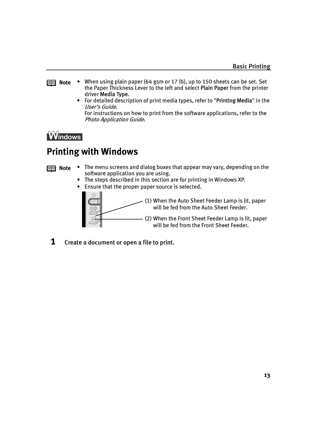 Canon IP2000 quick start Printing with Windows, Create a document or open a file to print, Driver Media Type 