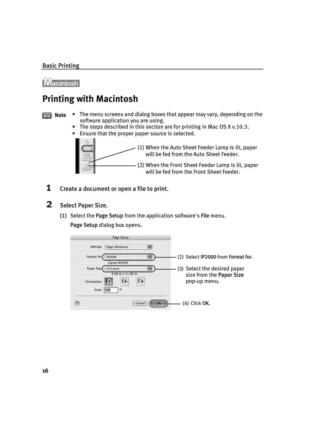 Canon IP2000 quick start Printing with Macintosh, Create a document or open a file to print Select Paper Size 