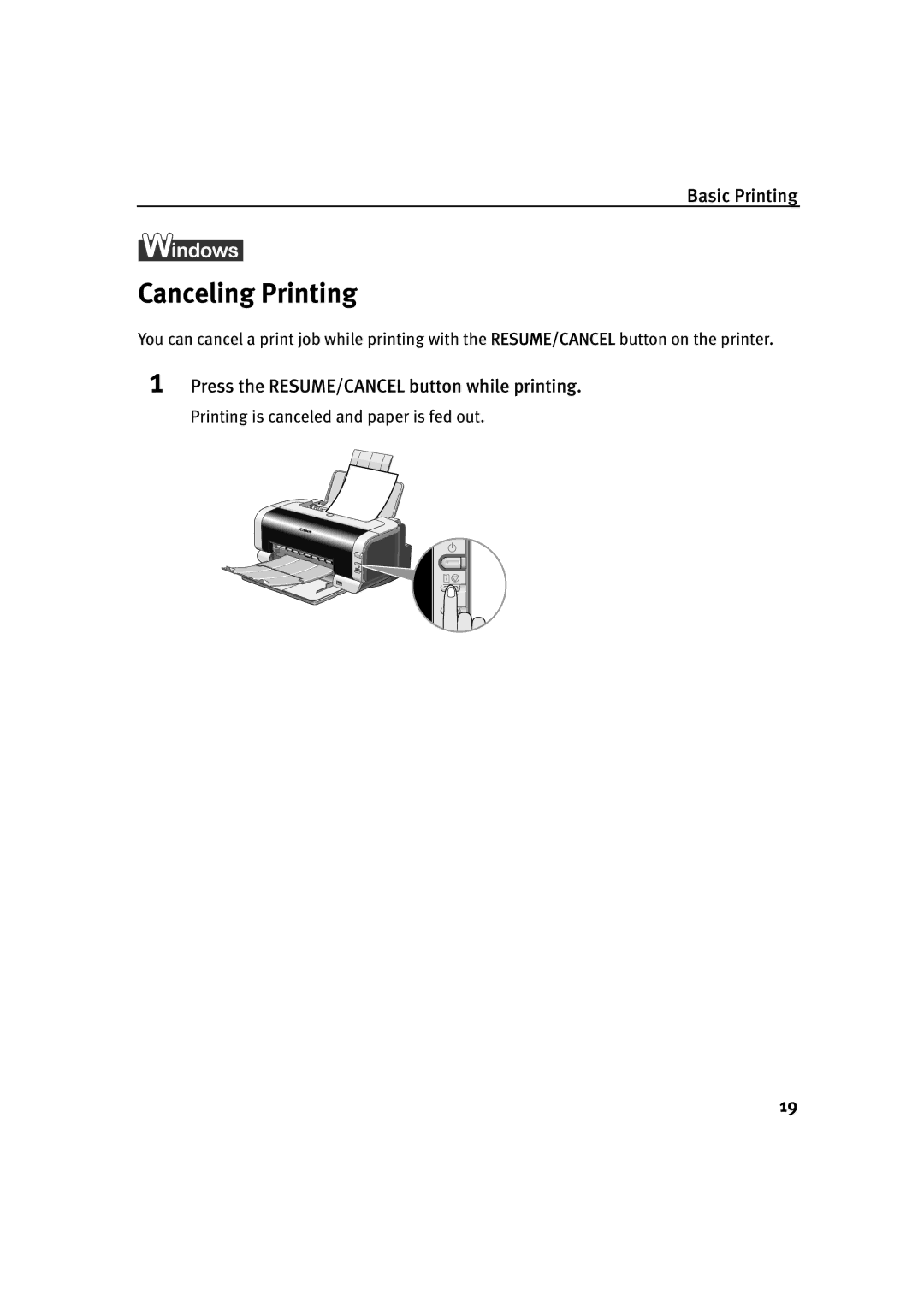 Canon IP2000 quick start Canceling Printing, Press the RESUME/CANCEL button while printing 