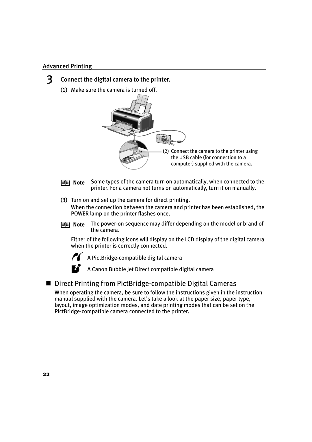 Canon IP2000 quick start Advanced Printing Connect the digital camera to the printer, Make sure the camera is turned off 