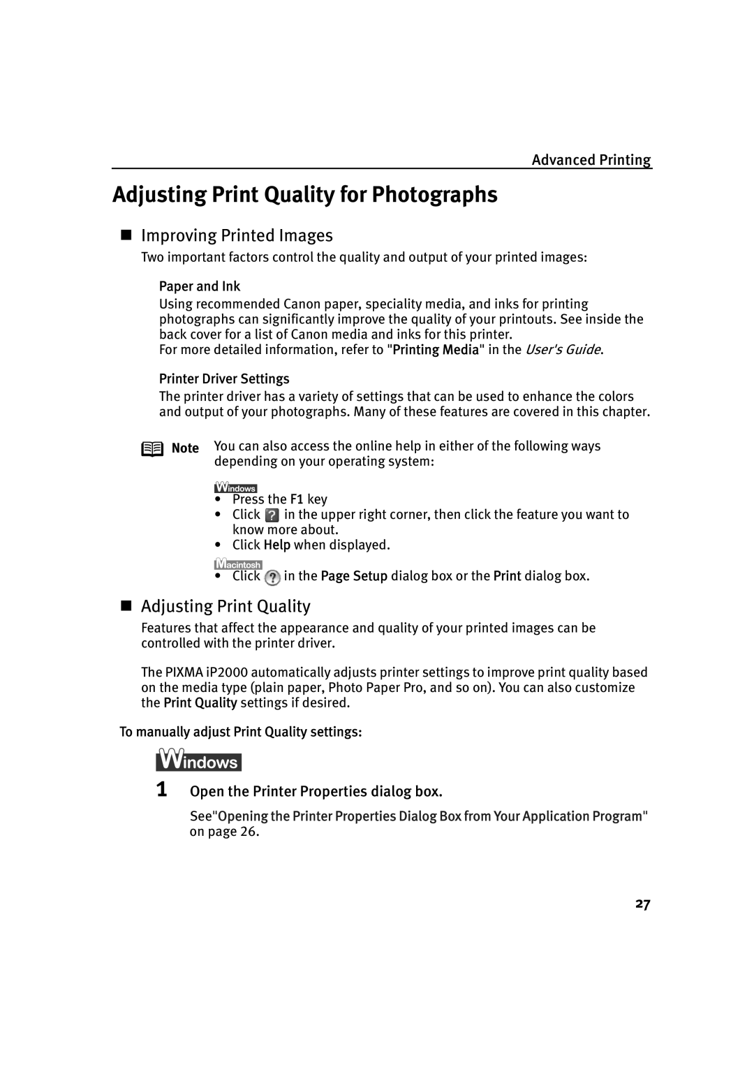 Canon IP2000 quick start Adjusting Print Quality for Photographs, Open the Printer Properties dialog box, Paper and Ink 