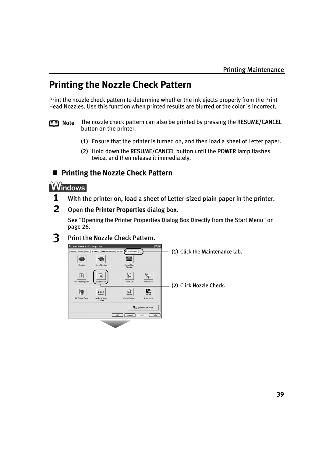 Canon IP2000 quick start „ Printing the Nozzle Check Pattern, Print the Nozzle Check Pattern 