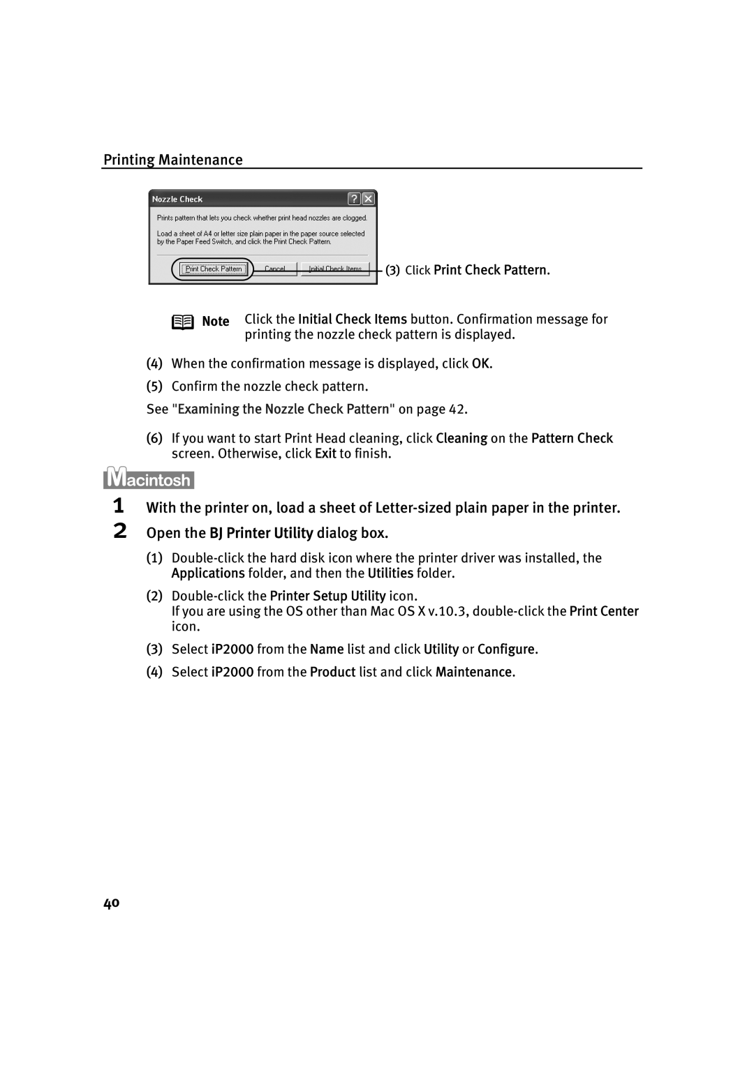 Canon IP2000 quick start Click Print Check Pattern, See Examining the Nozzle Check Pattern on 