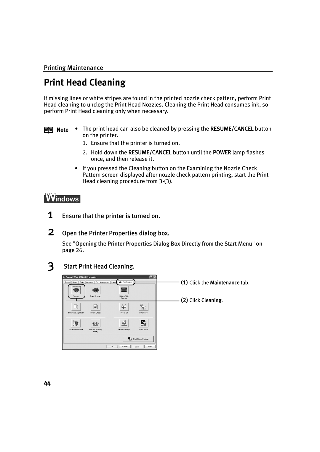 Canon IP2000 quick start Start Print Head Cleaning 