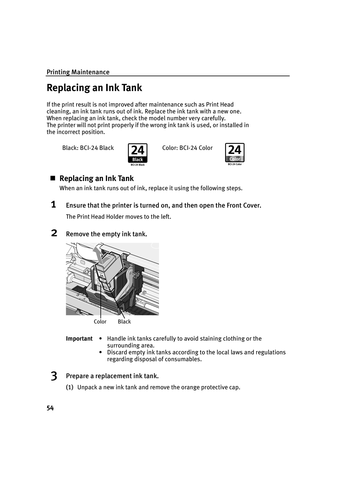 Canon IP2000 quick start „ Replacing an Ink Tank, Remove the empty ink tank, Prepare a replacement ink tank 