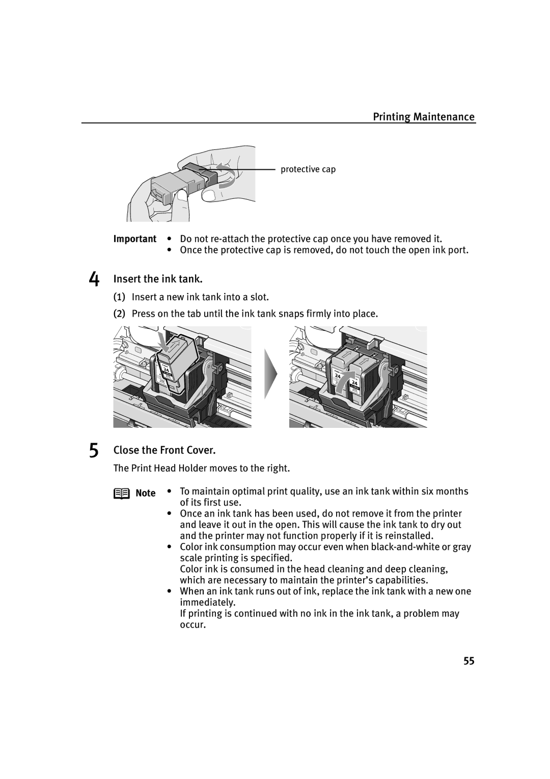 Canon IP2000 quick start Insert the ink tank, Close the Front Cover 