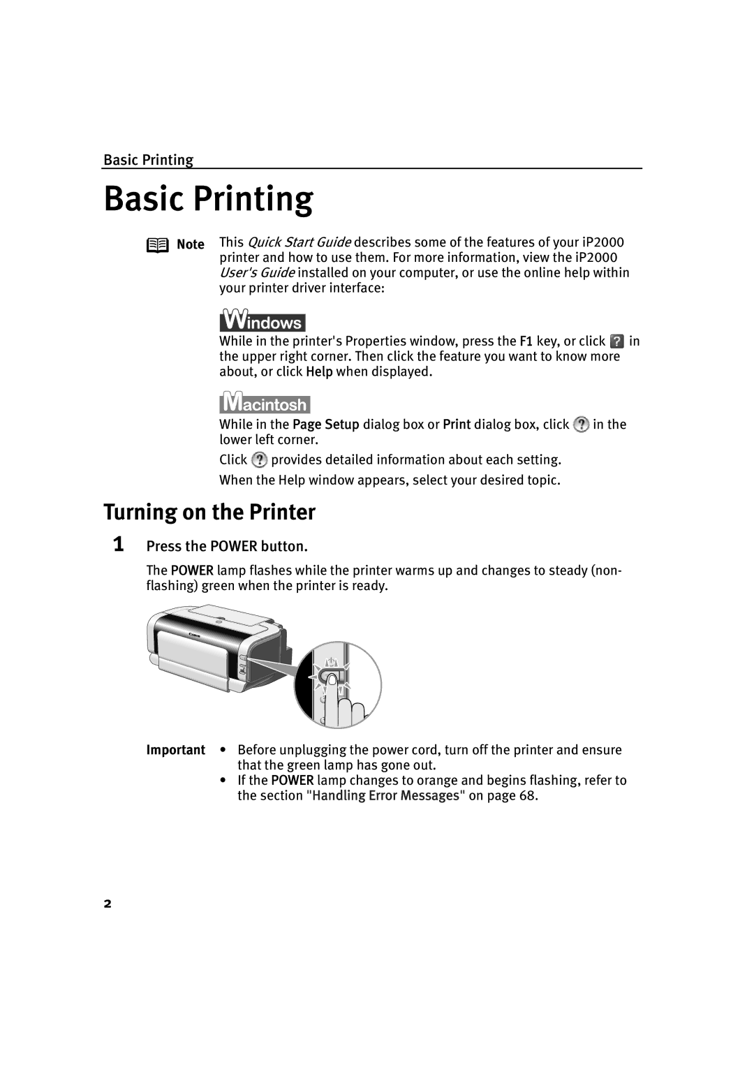 Canon IP2000 quick start Turning on the Printer, Basic Printing, Press the Power button 