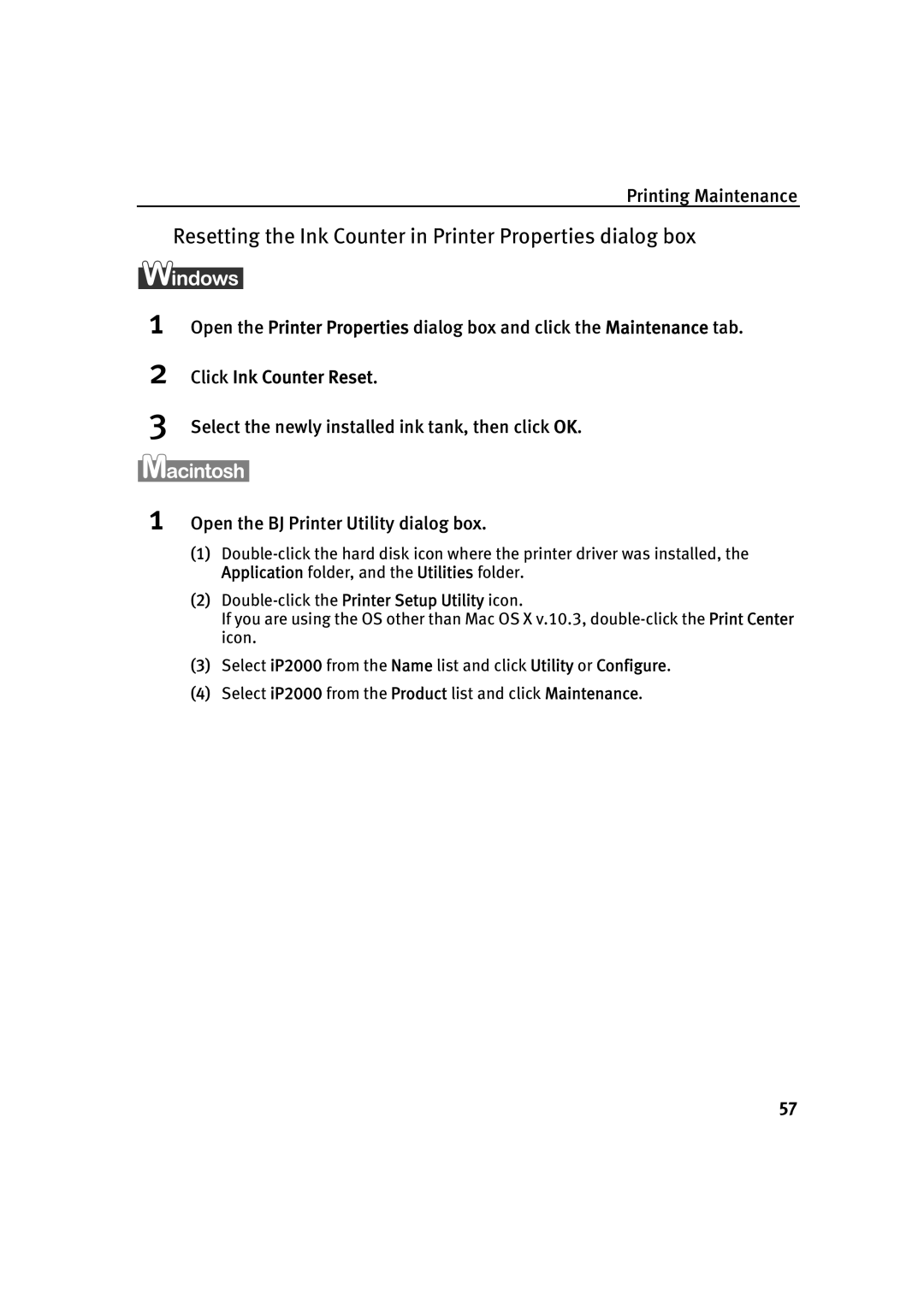 Canon IP2000 quick start Resetting the Ink Counter in Printer Properties dialog box 