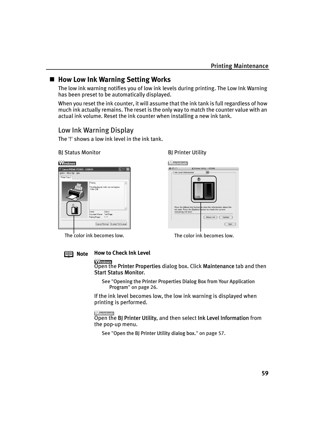 Canon IP2000 quick start „ How Low Ink Warning Setting Works, Low Ink Warning Display 