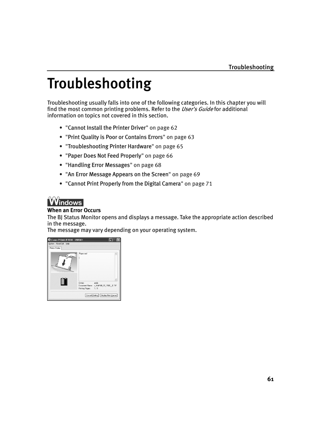 Canon IP2000 quick start Troubleshooting 