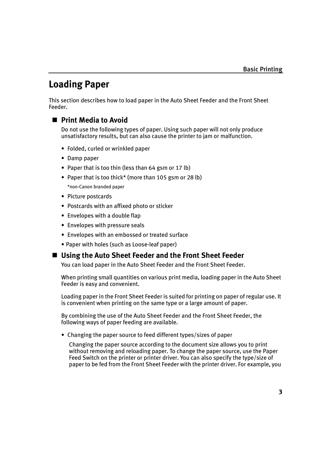 Canon IP2000 quick start Loading Paper, „ Print Media to Avoid, „ Using the Auto Sheet Feeder and the Front Sheet Feeder 