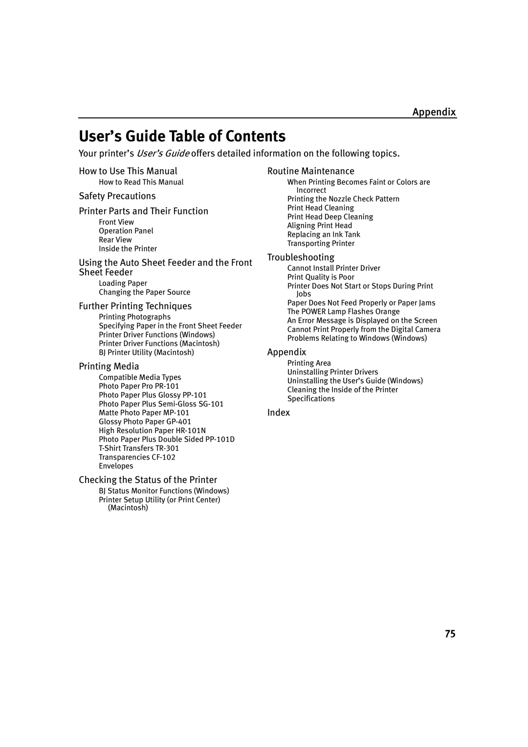 Canon IP2000 quick start User’s Guide Table of Contents 