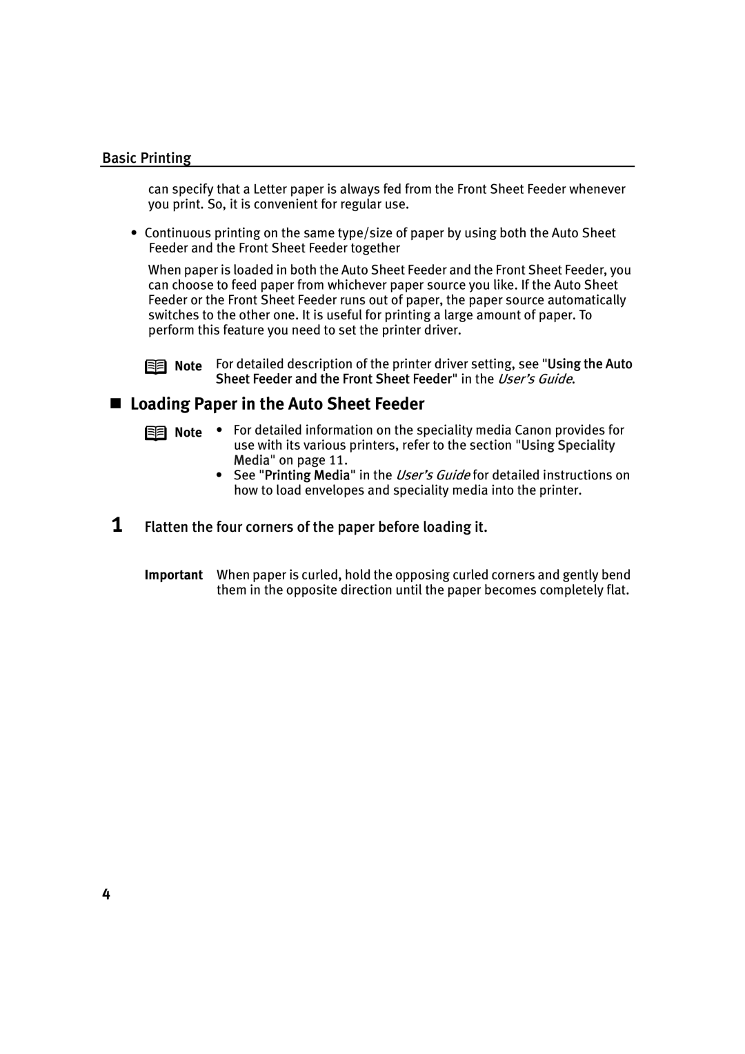 Canon IP2000 quick start „ Loading Paper in the Auto Sheet Feeder, Flatten the four corners of the paper before loading it 