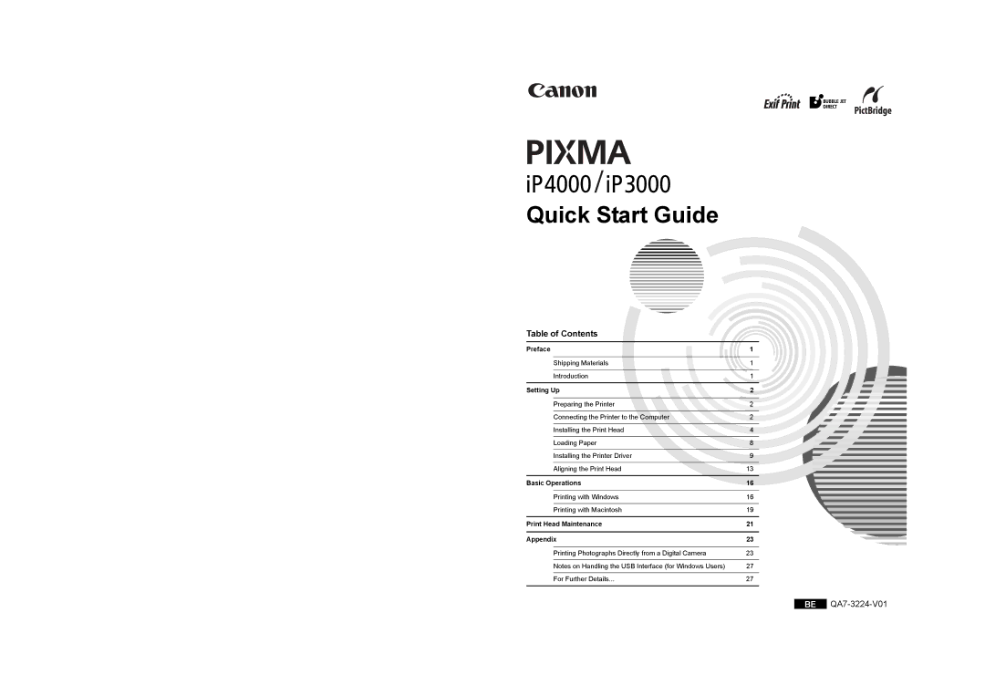 Canon IP4000, ip3000 quick start Quick Start Guide, Table of Contents 