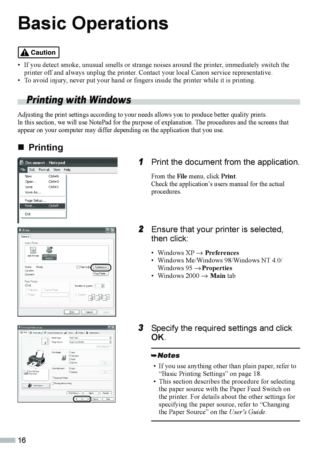 Canon ip3000, IP4000 quick start Basic Operations, Printing with Windows, „ Printing 