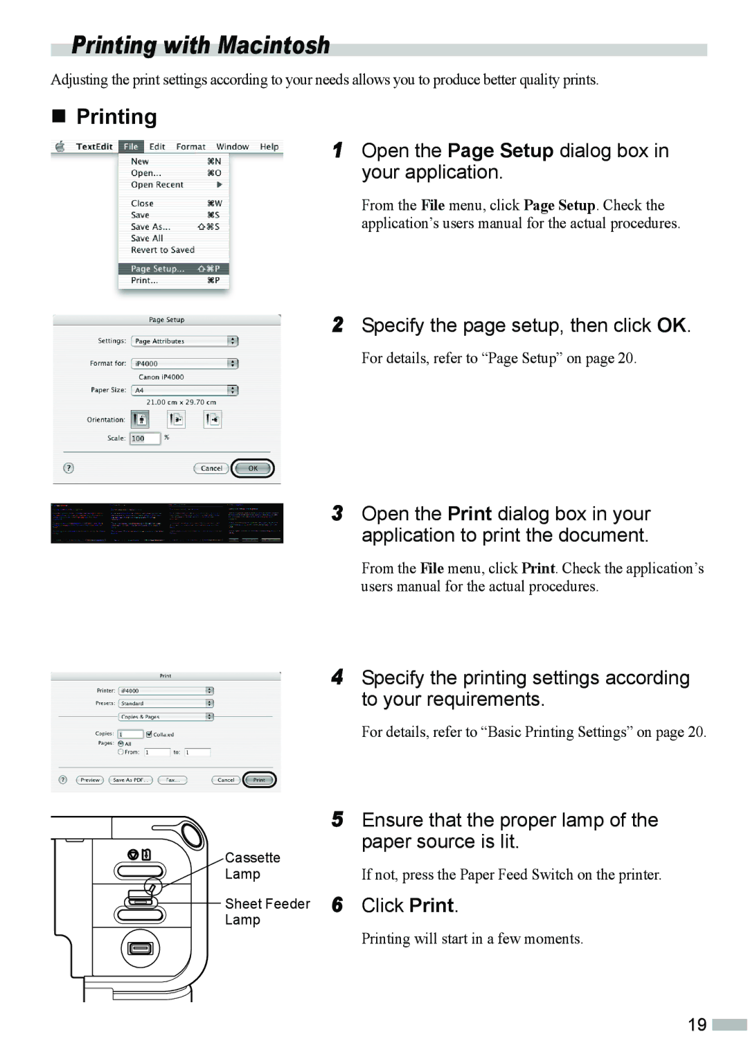 Canon IP4000, ip3000 Printing with Macintosh, Ensure that the proper lamp of the paper source is lit, Click Print 