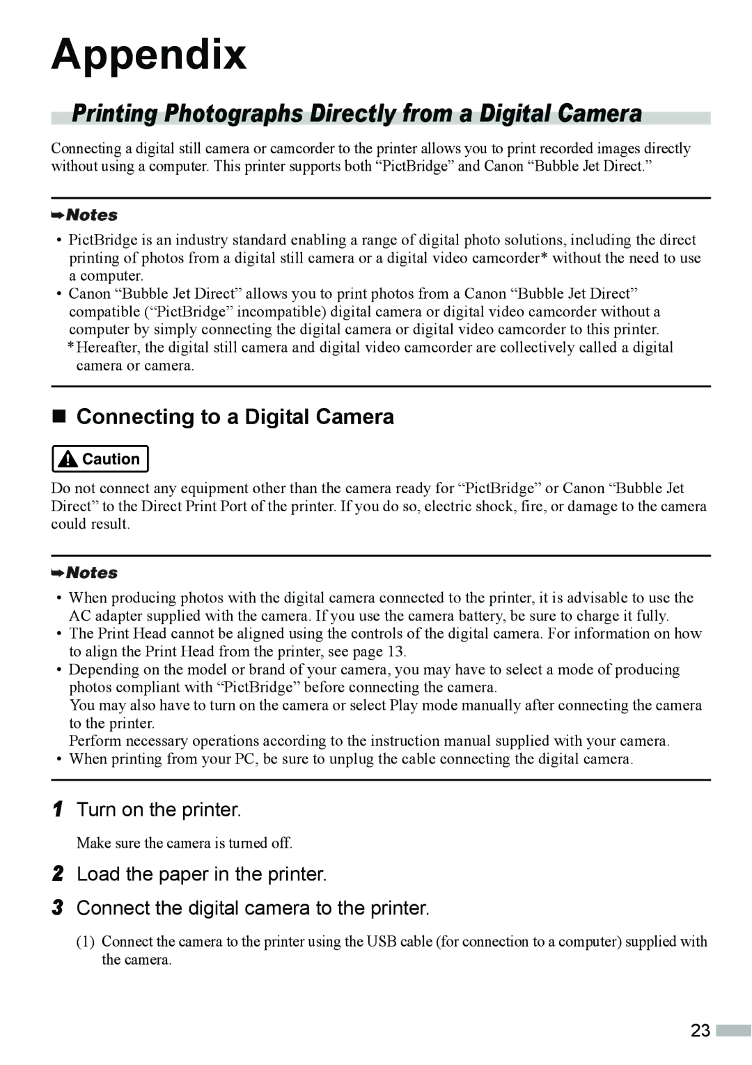 Canon IP4000, ip3000 quick start Appendix, „ Connecting to a Digital Camera, Turn on the printer 