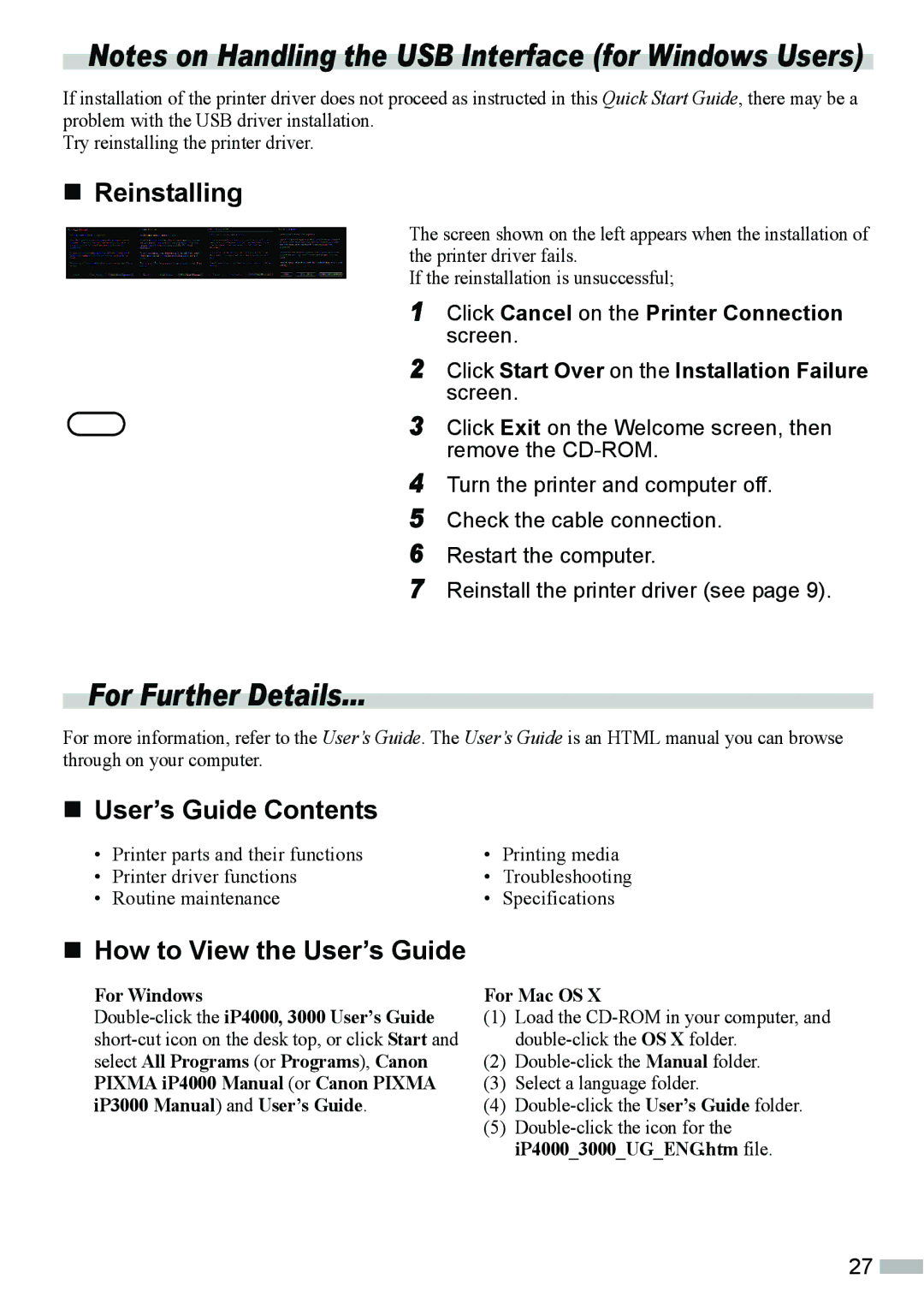 Canon IP4000, ip3000 For Further Details, „ Reinstalling, „ User’s Guide Contents, „ How to View the User’s Guide 