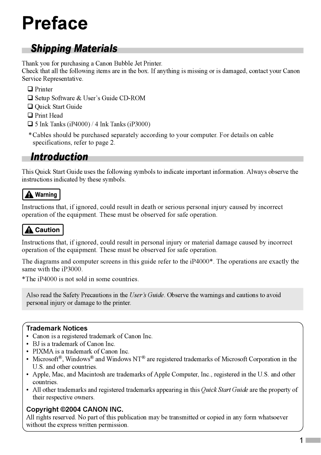 Canon IP4000, ip3000 quick start Preface, Shipping Materials, Introduction 