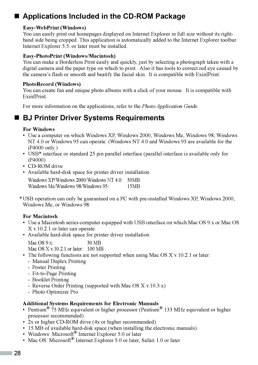 Canon ip3000, IP4000 quick start „ Applications Included in the CD-ROM Package, „ BJ Printer Driver Systems Requirements 