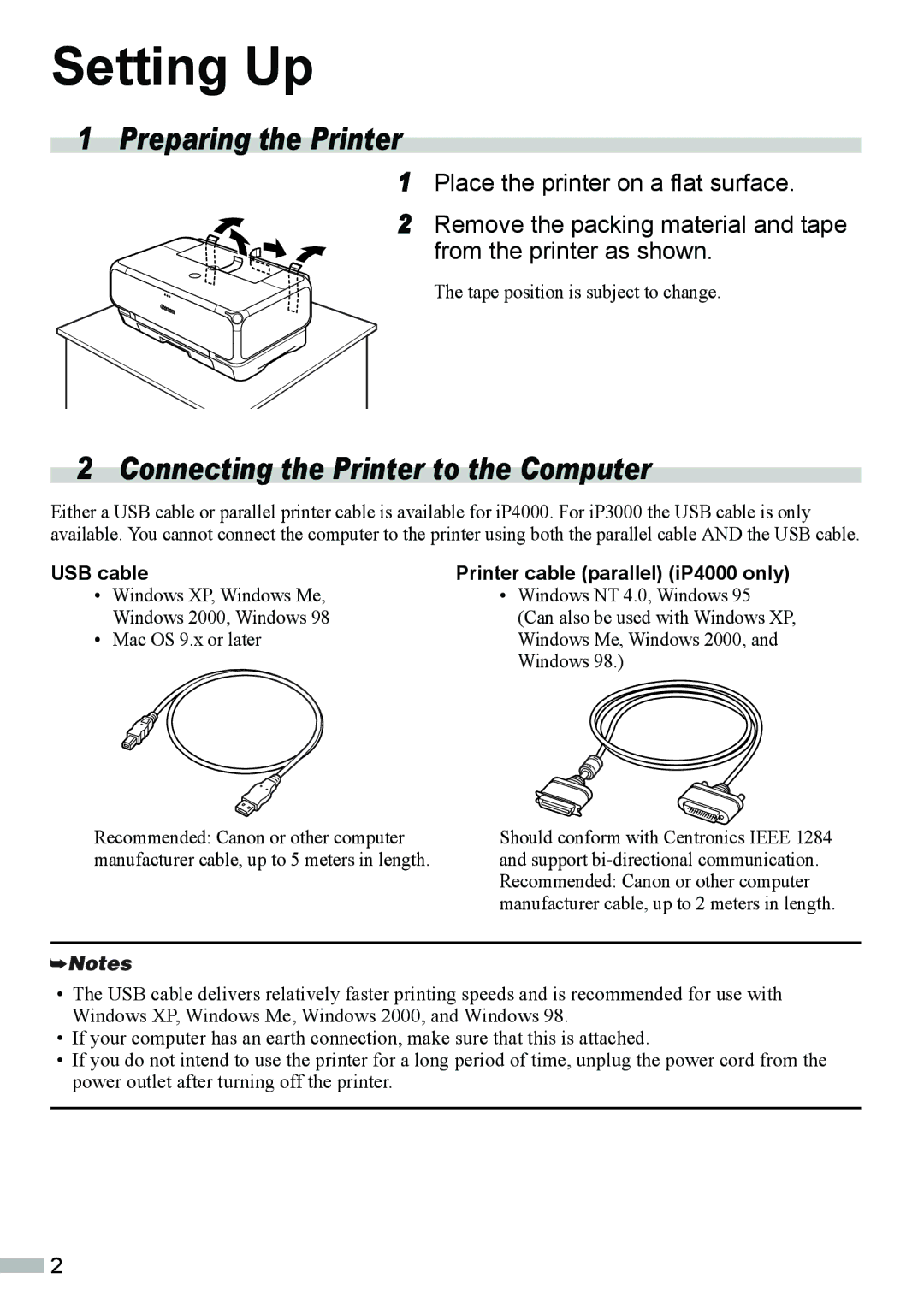 Canon ip3000, IP4000 quick start Setting Up, Preparing the Printer, Connecting the Printer to the Computer 