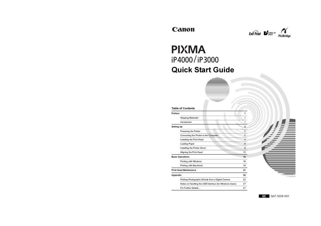 Canon IP4000 quick start Quick Start Guide, Table of Contents, BE QA7-3224-V01, Preface, Setting Up, Basic Operations 