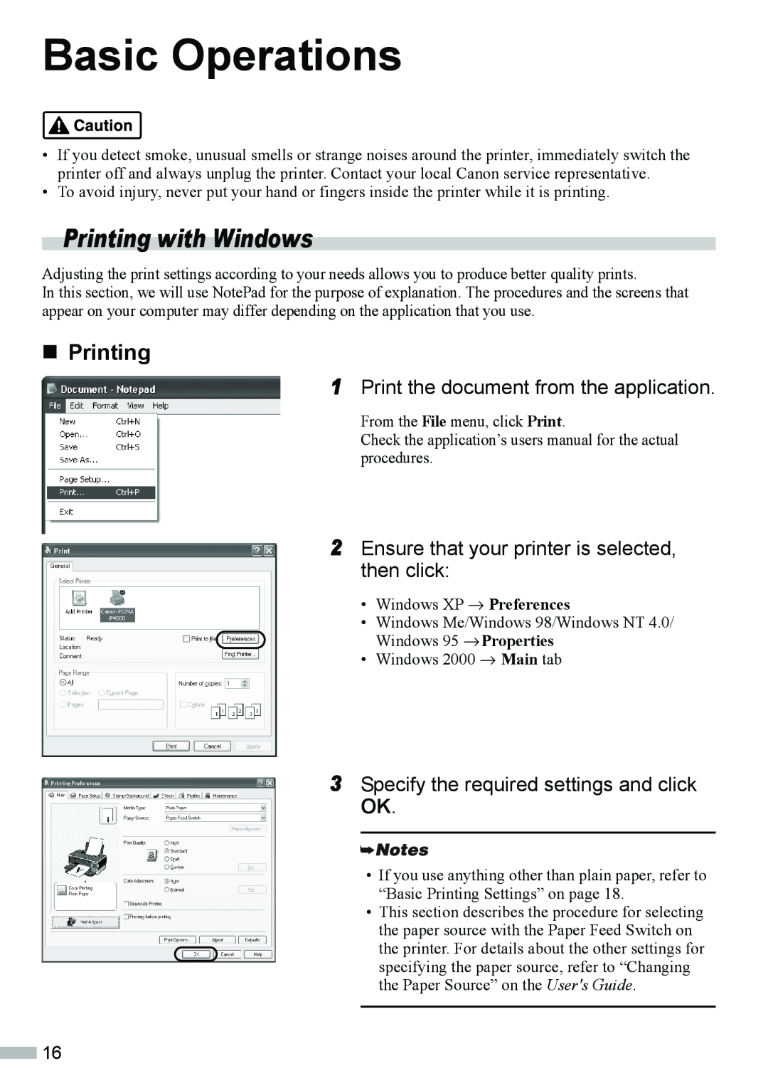 Canon ip3000, IP4000 quick start Basic Operations, Printing with Windows, „Printing 
