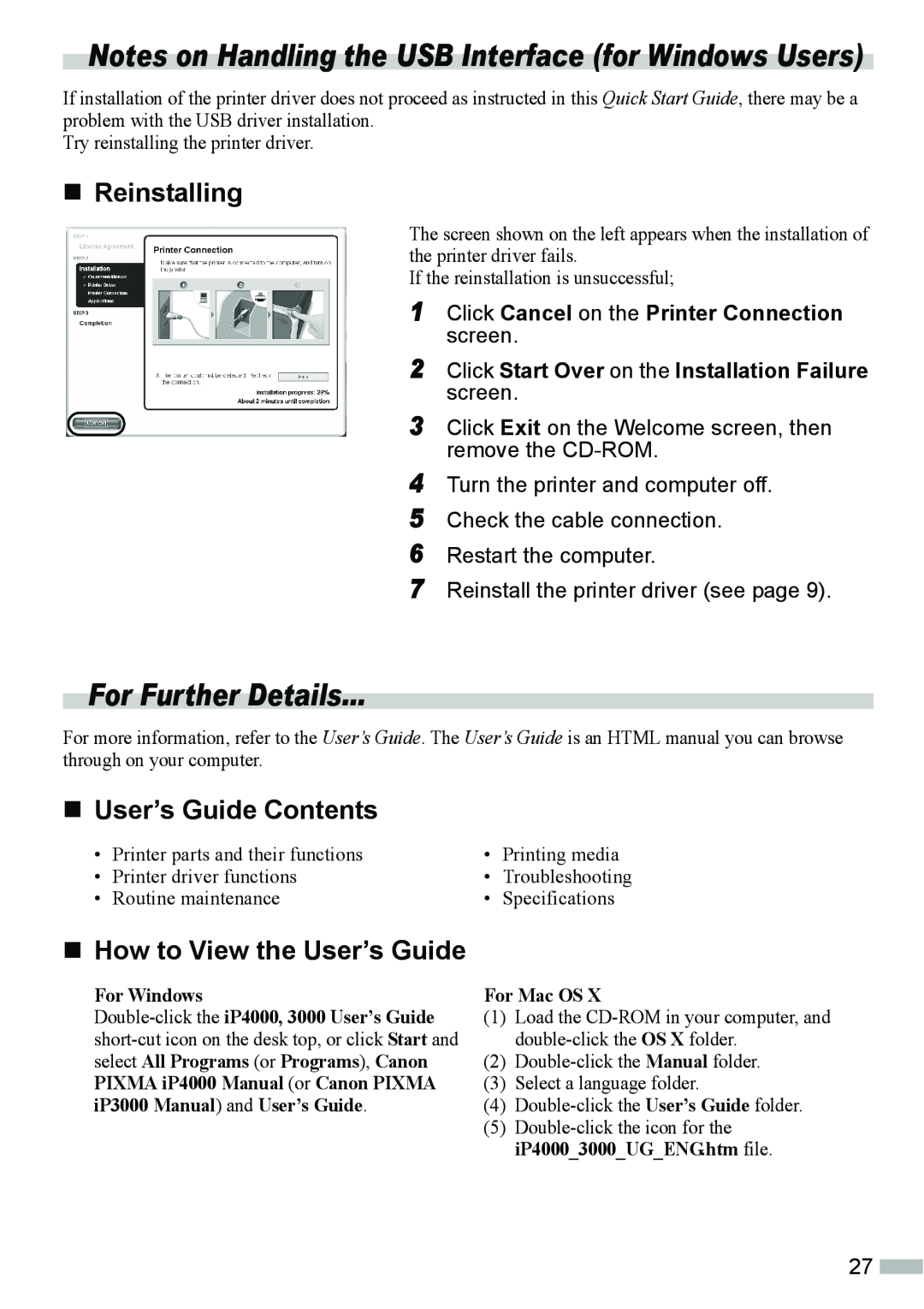 Canon IP4000 For Further Details, „Reinstalling, „User’s Guide Contents, „How to View the User’s Guide, For Windows 
