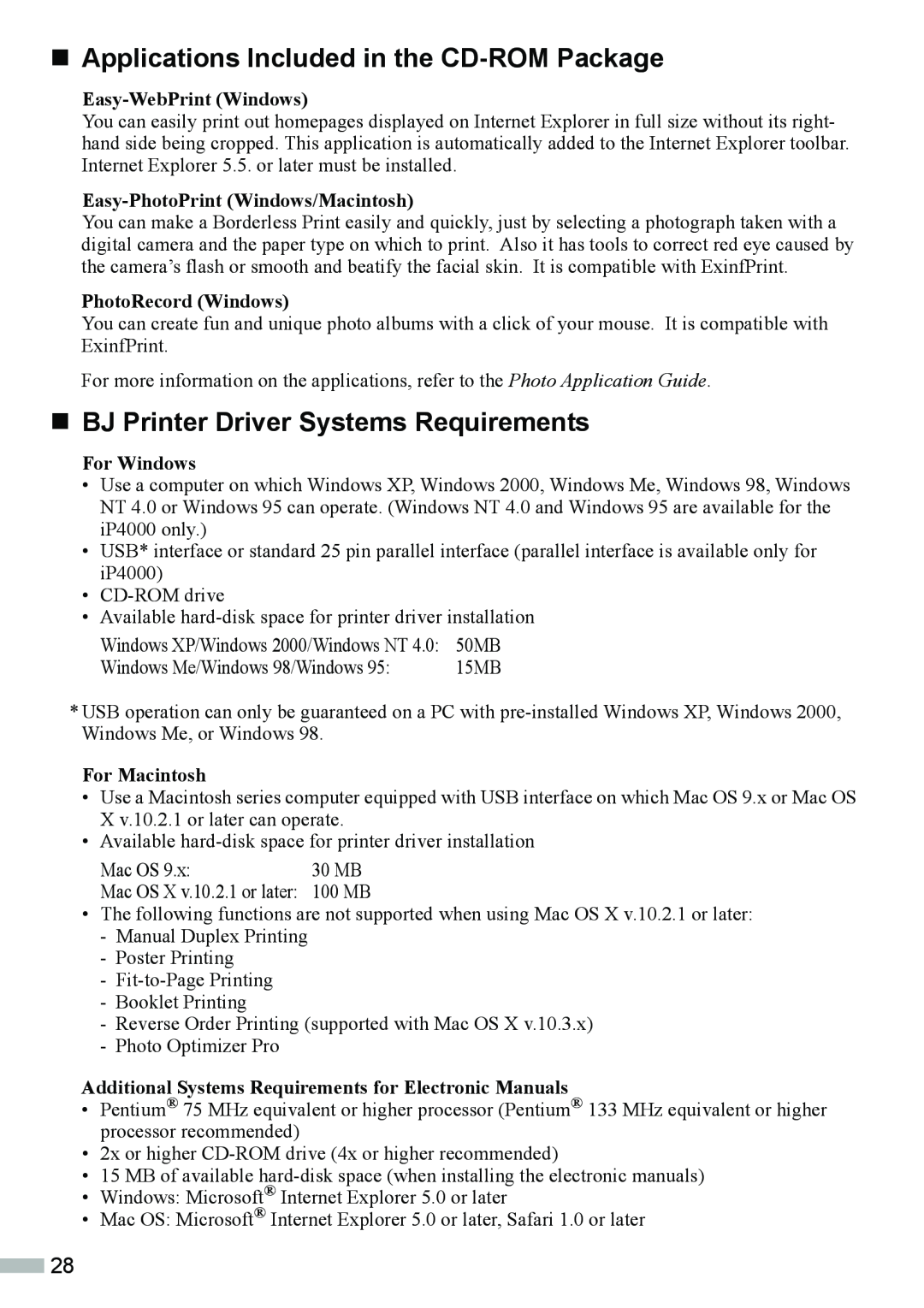 Canon ip3000 „Applications Included in the CD-ROMPackage, „BJ Printer Driver Systems Requirements, Easy-WebPrintWindows 