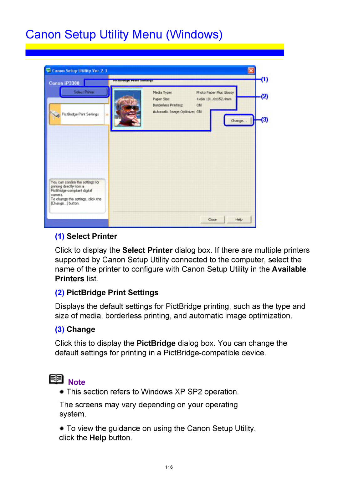 Canon iP3300 manual Canon Setup Utility Menu Windows, Select Printer, PictBridge Print Settings, Change 