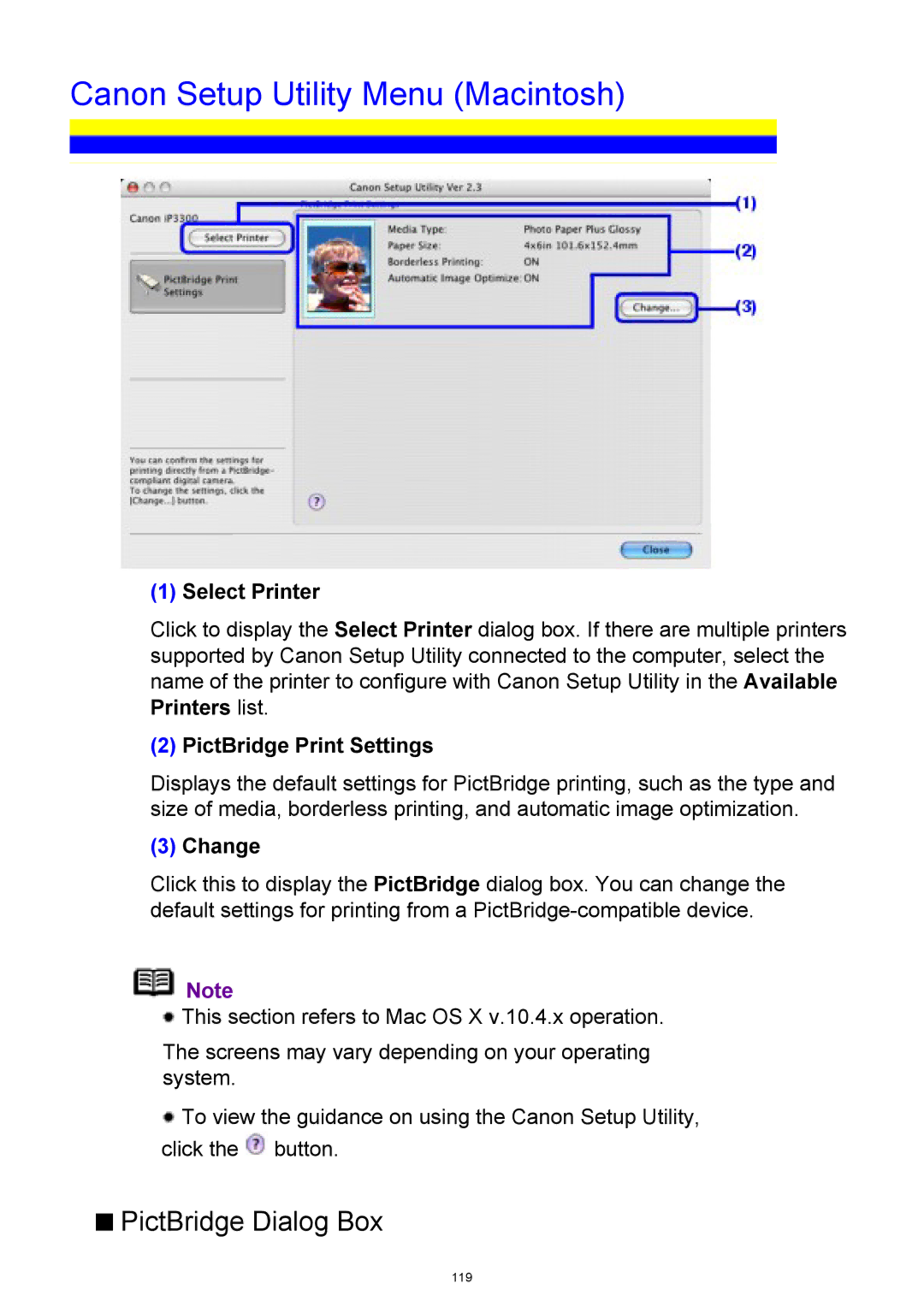 Canon iP3300 manual Canon Setup Utility Menu Macintosh, Select Printer 