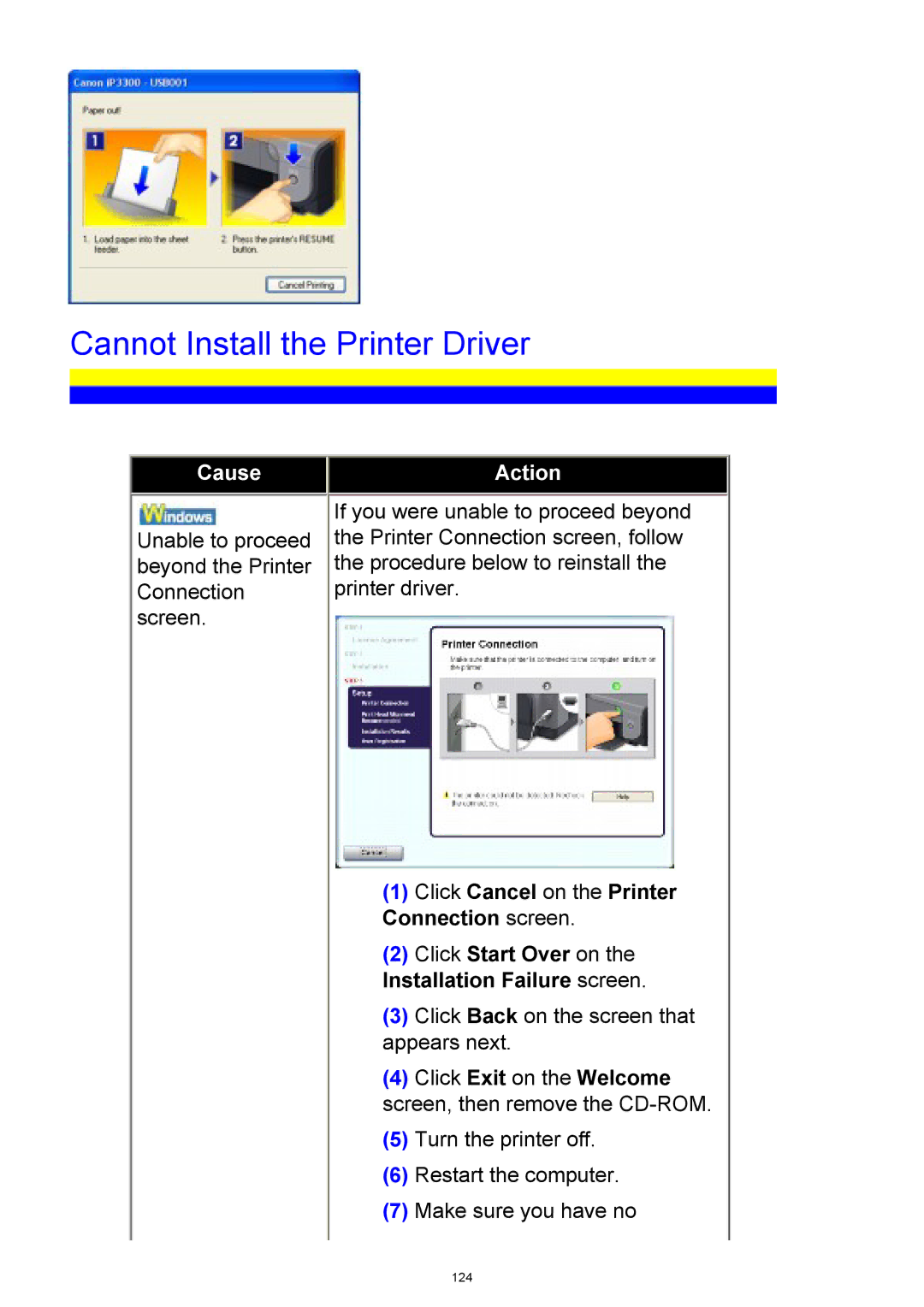 Canon iP3300 manual Cannot Install the Printer Driver, Click Cancel on the Printer Connection screen 