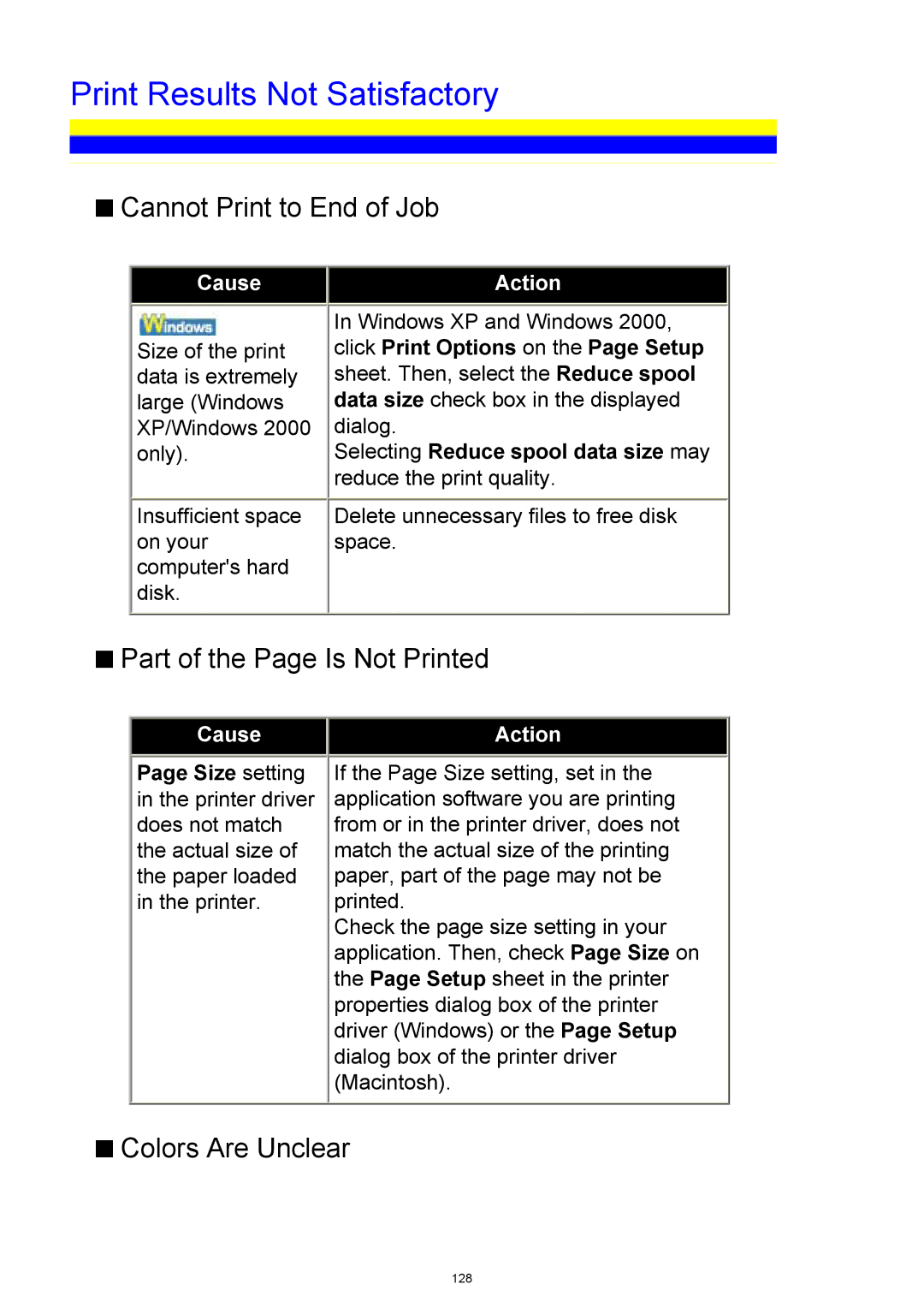 Canon iP3300 manual Print Results Not Satisfactory, Cannot Print to End of Job, Part of the Page Is Not Printed 