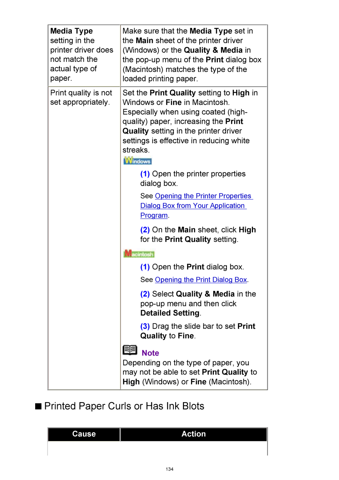 Canon iP3300 manual Printed Paper Curls or Has Ink Blots, Select Quality & Media, Detailed Setting, Quality to Fine 