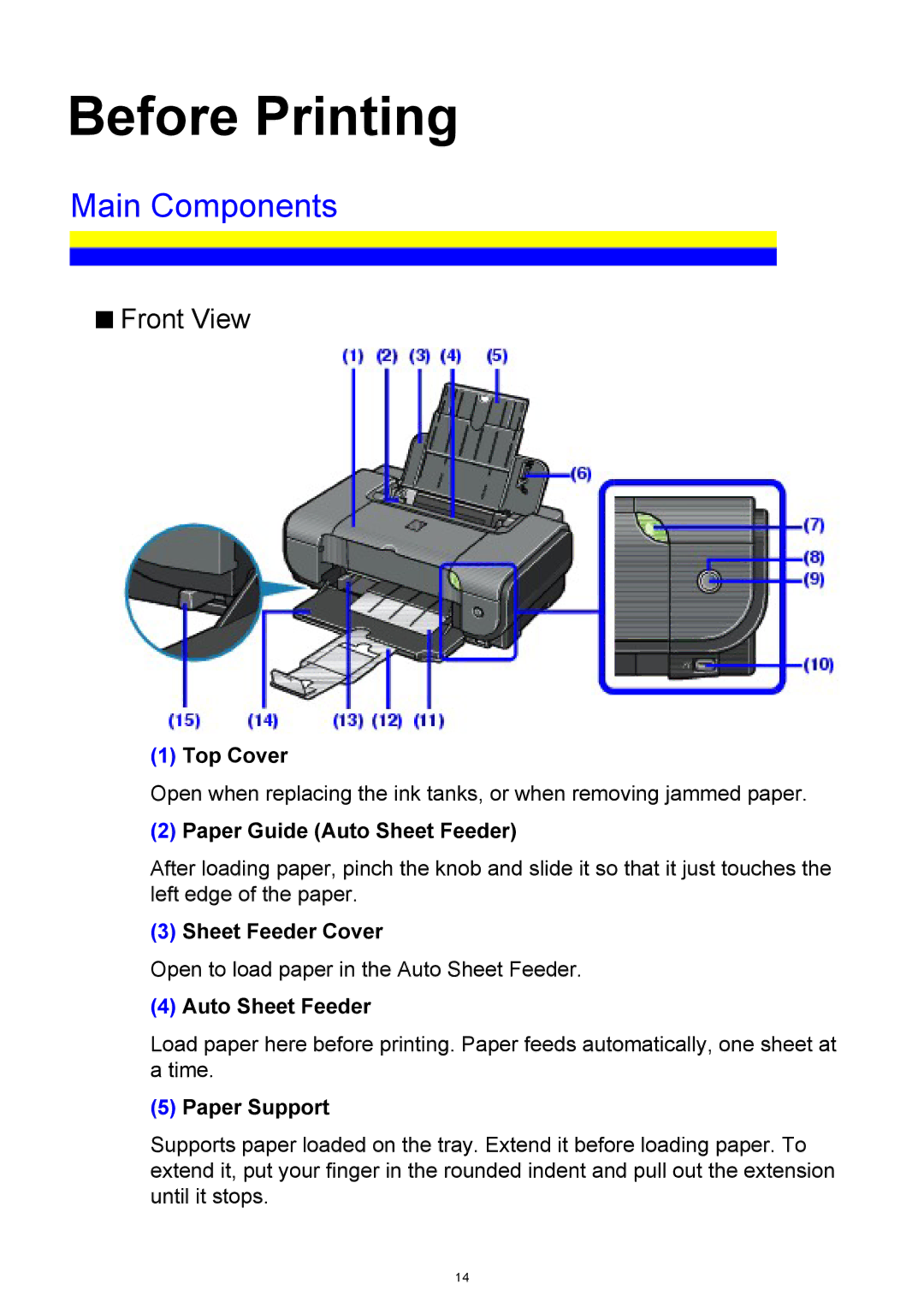 Canon iP3300 manual Main Components, Front View 