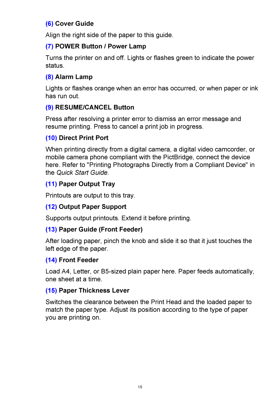 Canon iP3300 Cover Guide, Power Button / Power Lamp, Alarm Lamp, RESUME/CANCEL Button, Direct Print Port, Front Feeder 