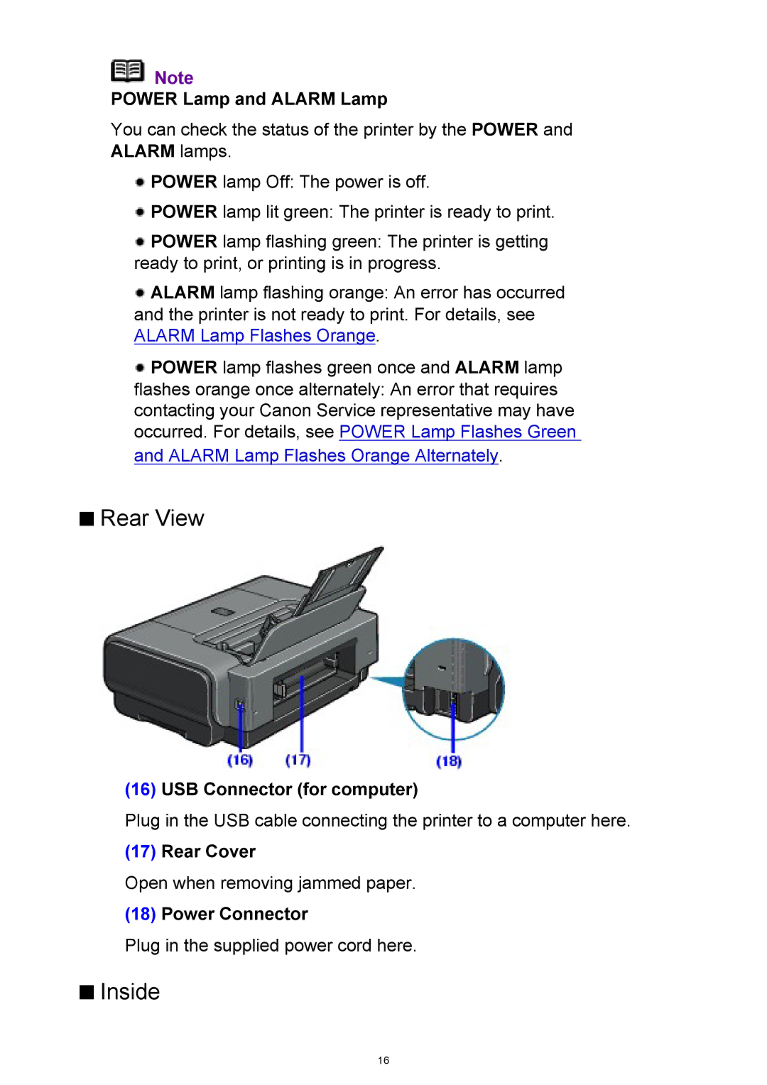 Canon iP3300 manual Rear View, Inside 