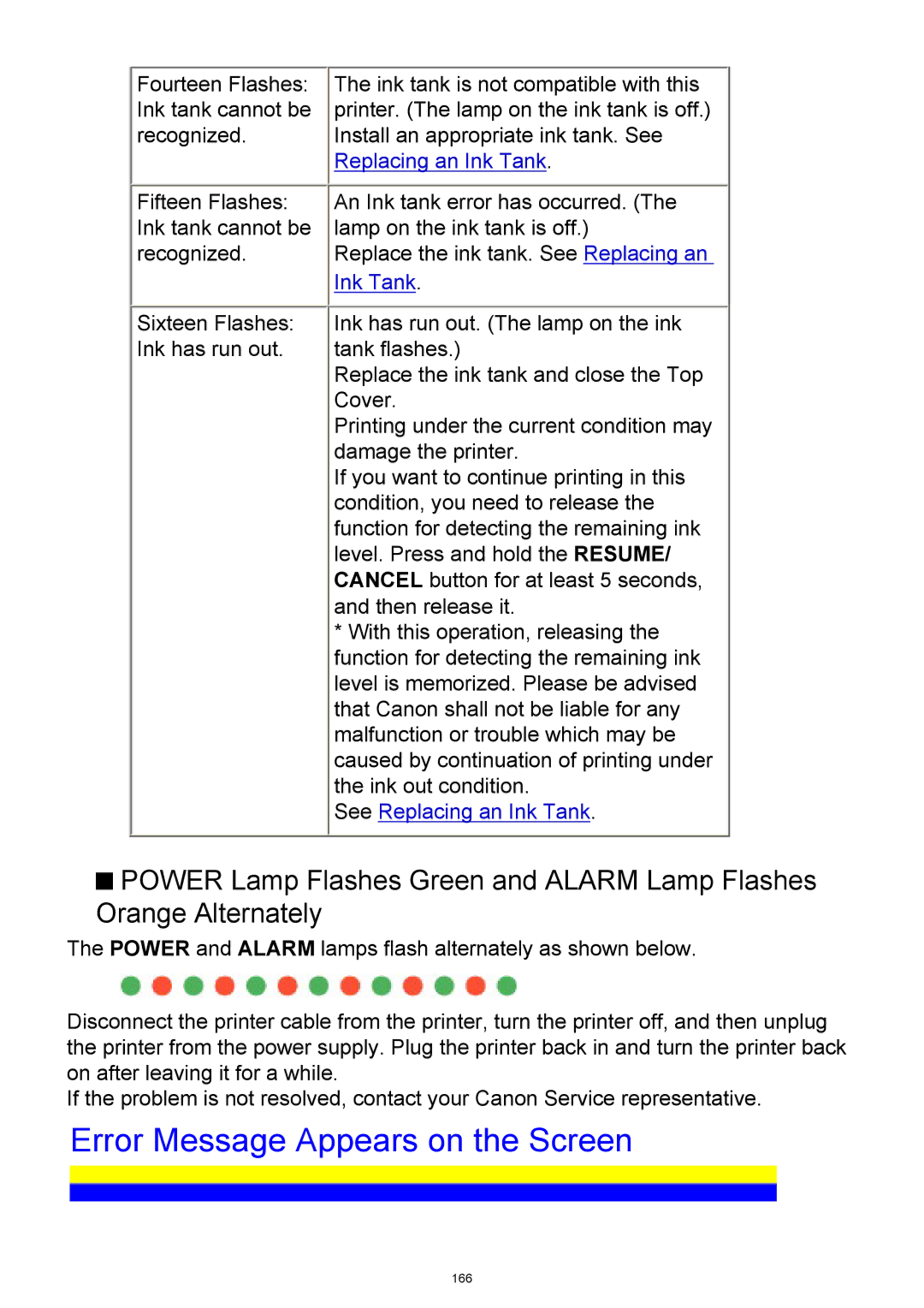 Canon iP3300 manual Error Message Appears on the Screen, Replacing an Ink Tank 