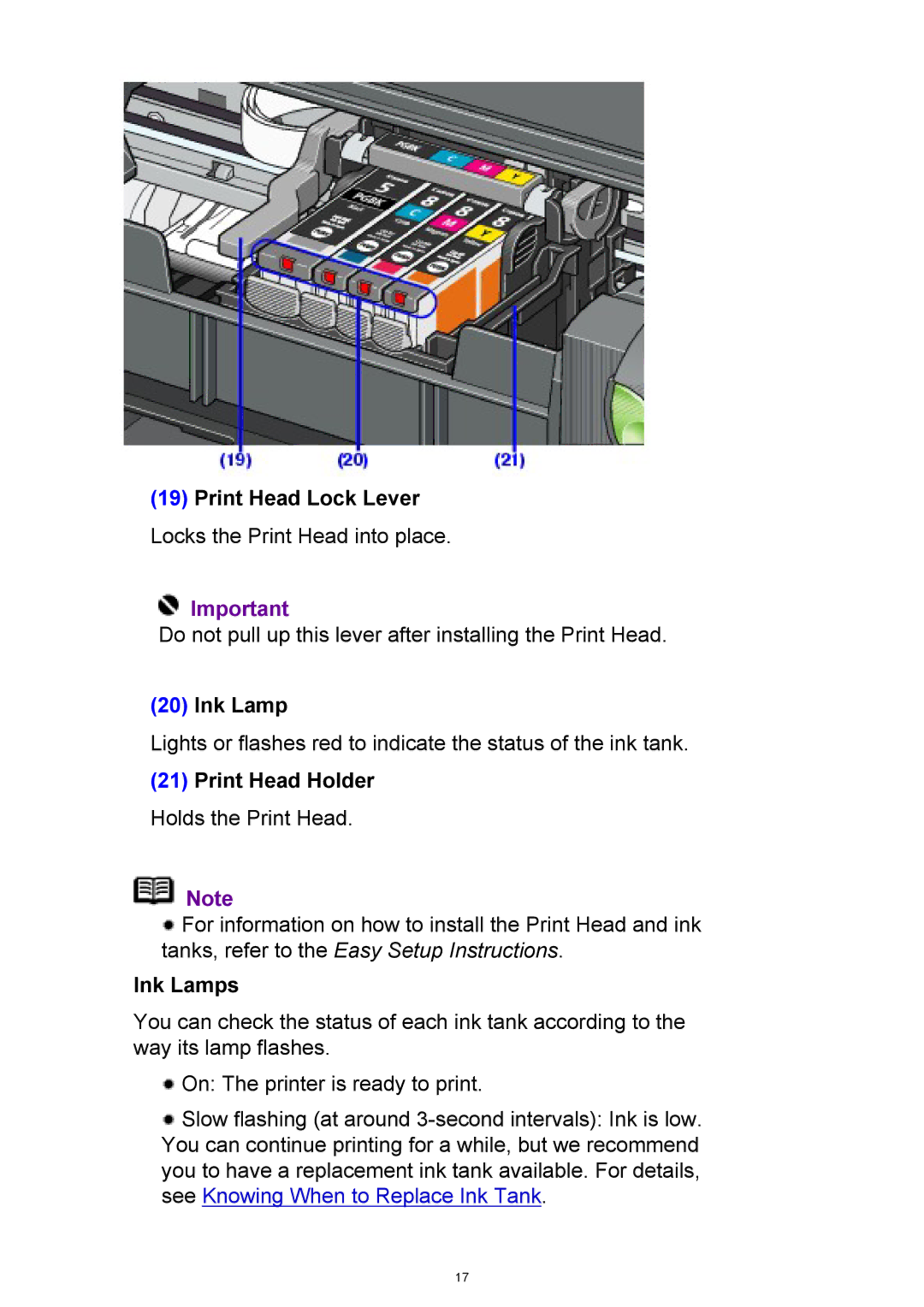 Canon iP3300 manual Print Head Lock Lever Locks the Print Head into place, Ink Lamp, Print Head Holder Holds the Print Head 