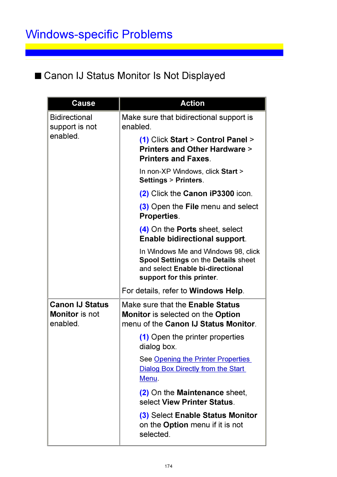 Canon iP3300 Windows-specific Problems, Canon IJ Status Monitor Is Not Displayed, Canon IJ Status Monitor is not enabled 