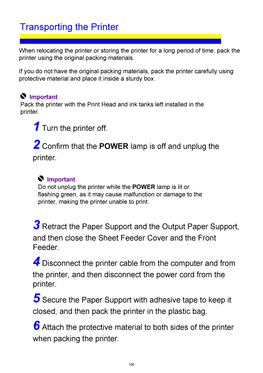 Canon iP3300 manual Transporting the Printer 