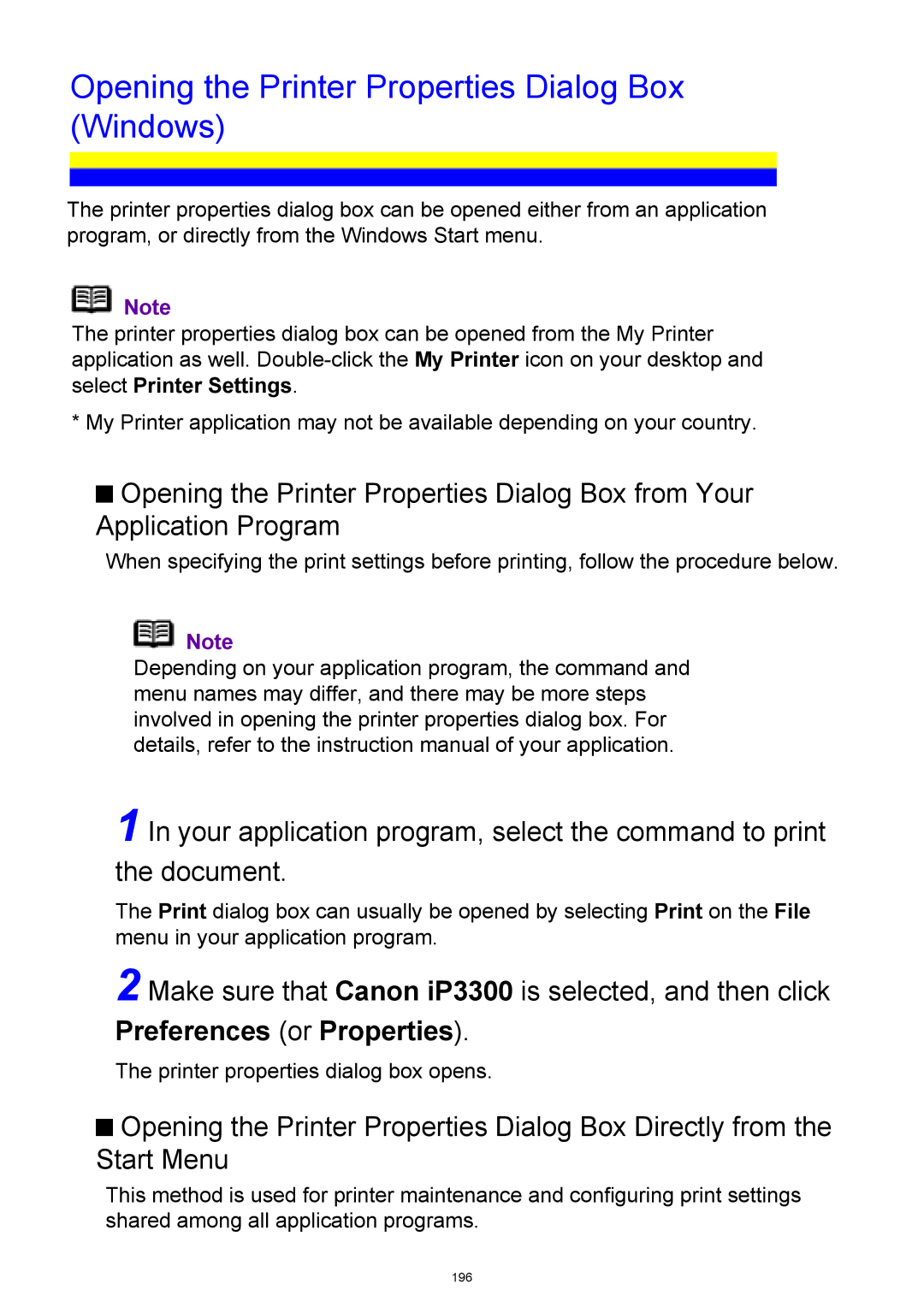 Canon manual Opening the Printer Properties Dialog Box Windows, Make sure that Canon iP3300 is selected, and then click 