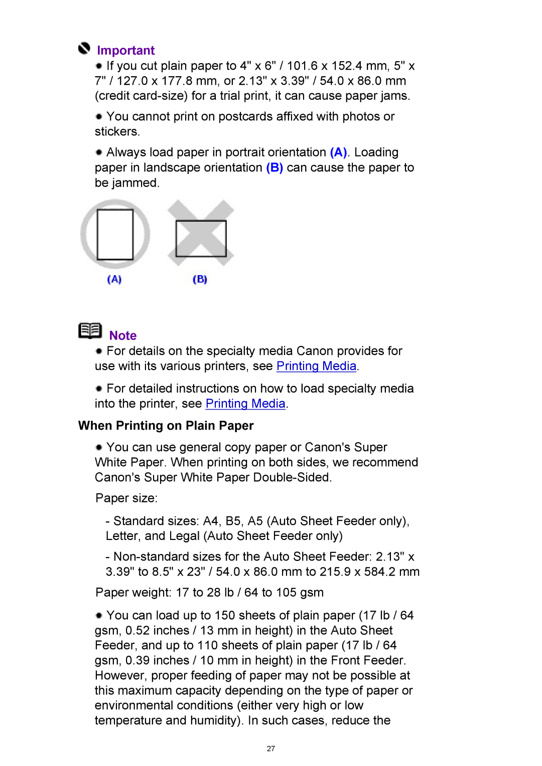 Canon iP3300 manual When Printing on Plain Paper 