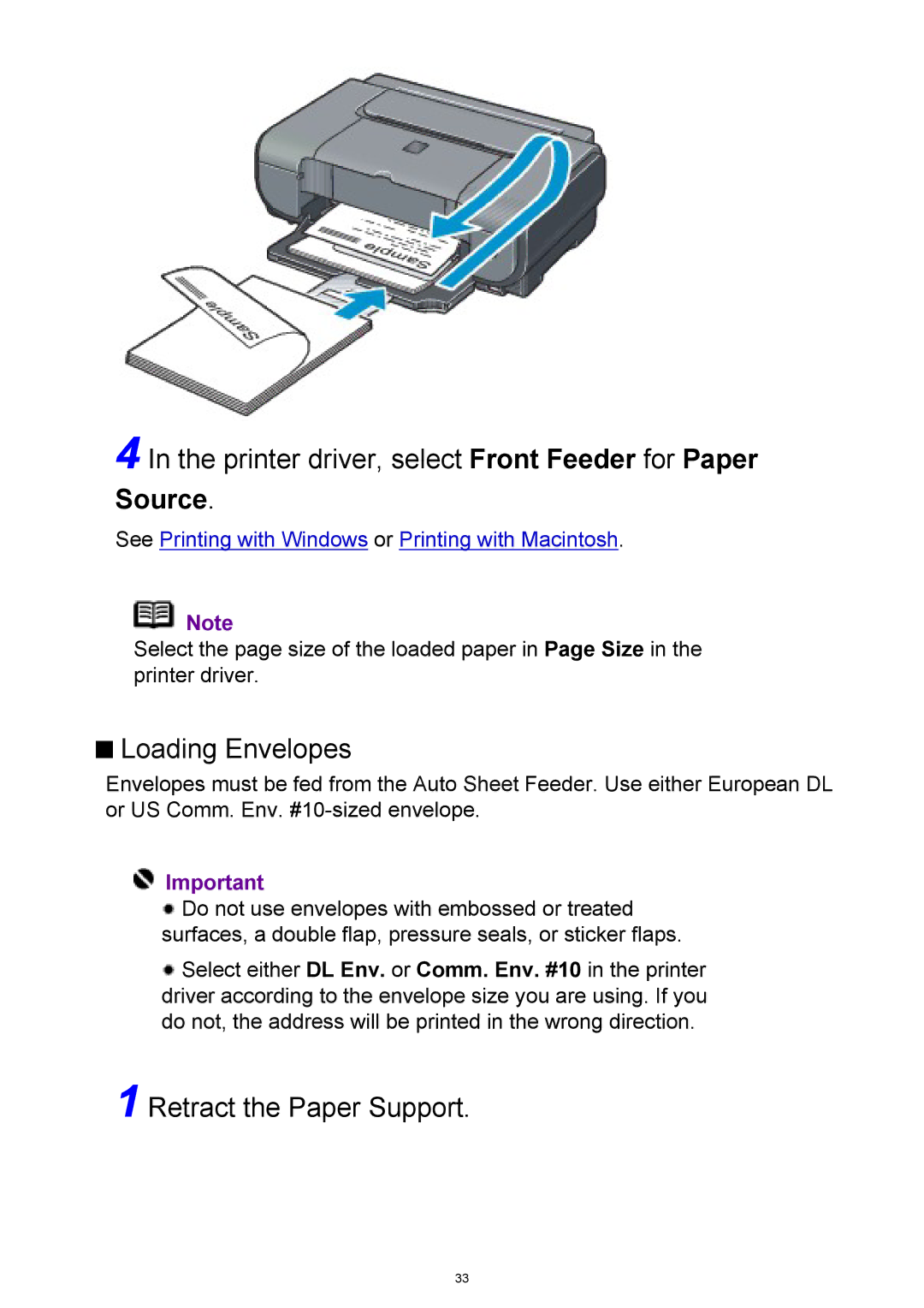 Canon iP3300 manual Printer driver, select Front Feeder for Paper, Loading Envelopes, Retract the Paper Support 