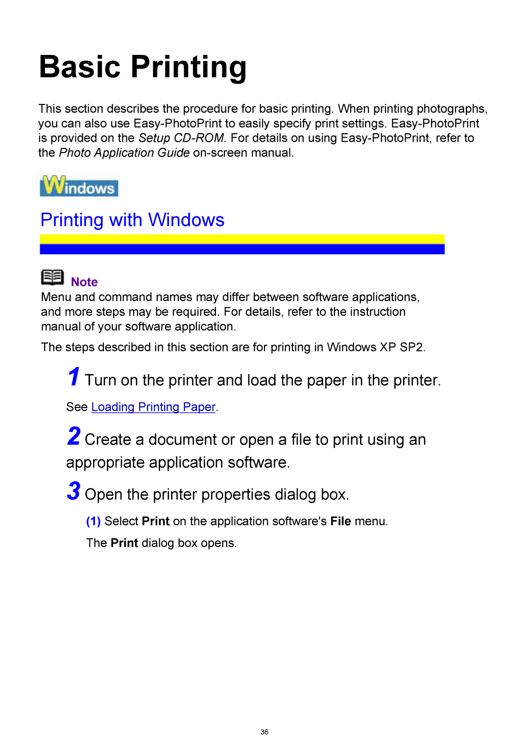 Canon iP3300 manual Printing with Windows, Turn on the printer and load the paper in the printer 