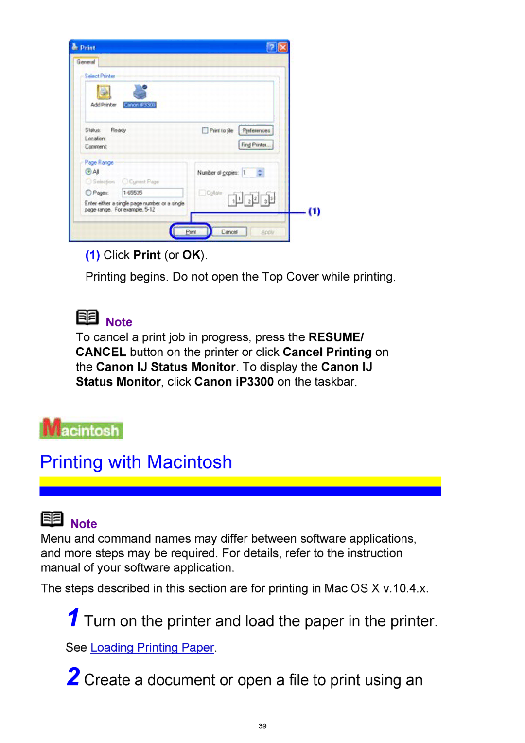 Canon iP3300 manual Printing with Macintosh, Create a document or open a file to print using an 